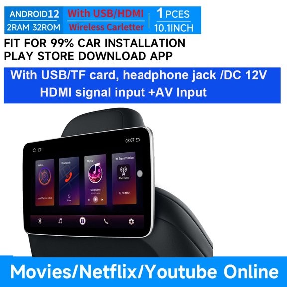 10.1 inch Headrest Monitor Display IPS Android 12.0 2G+32G With USB/HDMI/AV Touch Screen For Car Rear Seat Player Online Video