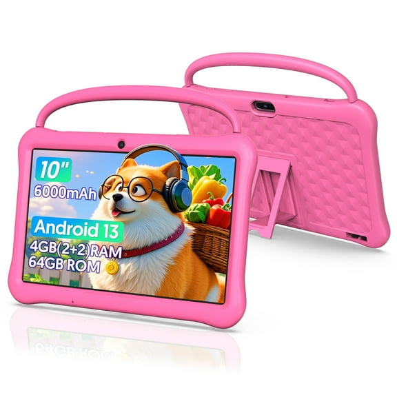 10.1 inch Kids Tablet, Android 13 Kids Tablet 4GB 64GB Tablet APP Preinstalled & Parent Control Kids Education Children Tablet with WiFi, 6000mAh batery, Dual Camera, Pink
