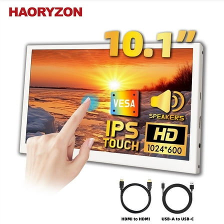 10.1-inch Portable Touch Screen Travel Monitor 1024x600 IPS Display HDMI & USB-C Connections with Built-in Speaker for Digital Drawing Design Home Office Laptop PC White