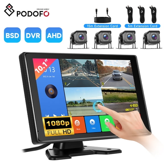 Podofo 4 Channel Backup Camera System,10.1 Inch IPS Reversing Monitor with Rear Side View 4 AHD Camera 1080P IR Night Vision DVR Recording Backup Heavy Duty Camera for Trucks/Bus/Trailer/RV Click to