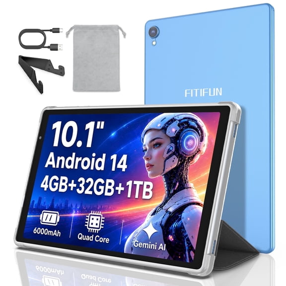 FITIFUN 10.1 inch Tablet Android 14 Tablets with Case, 4GB RAM 32GB ROM 1TB Expand, Quad-core, HD Display, WiFi, Dual Camera, Blue