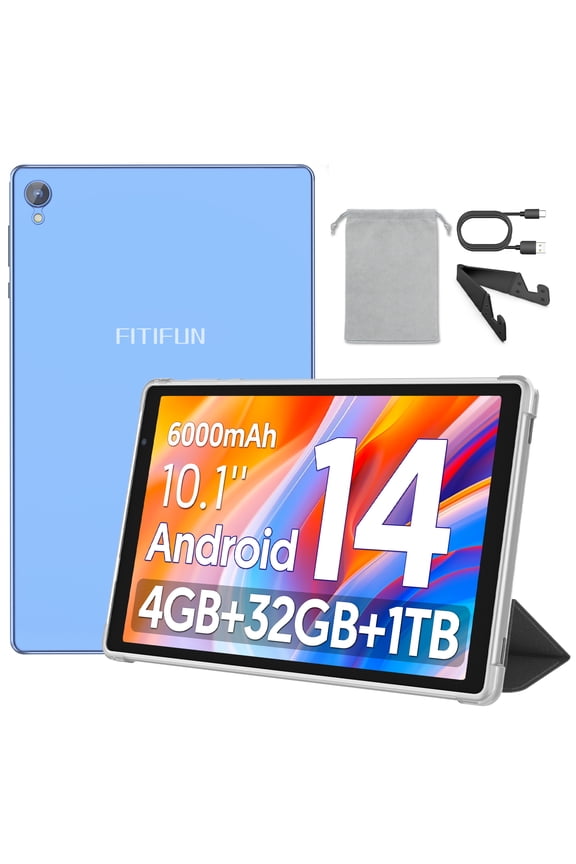 10.1 inch Tablet Android 14 Tablets with Case, 4GB RAM 32GB ROM 1TB Expand, Quad-core, HD Display, WiFi, Dual Camera, Blue