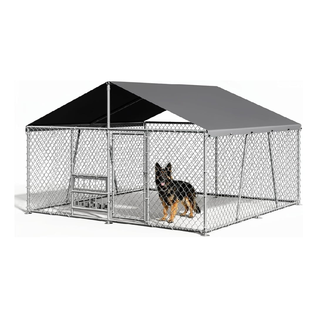 10×10×5.9 FT Home Large Metal Outdoor Dog Kennel, Metal Wire Dog Enclosure with Waterproof Roof & Adjustable Bowls Feeder for Backyard Farm