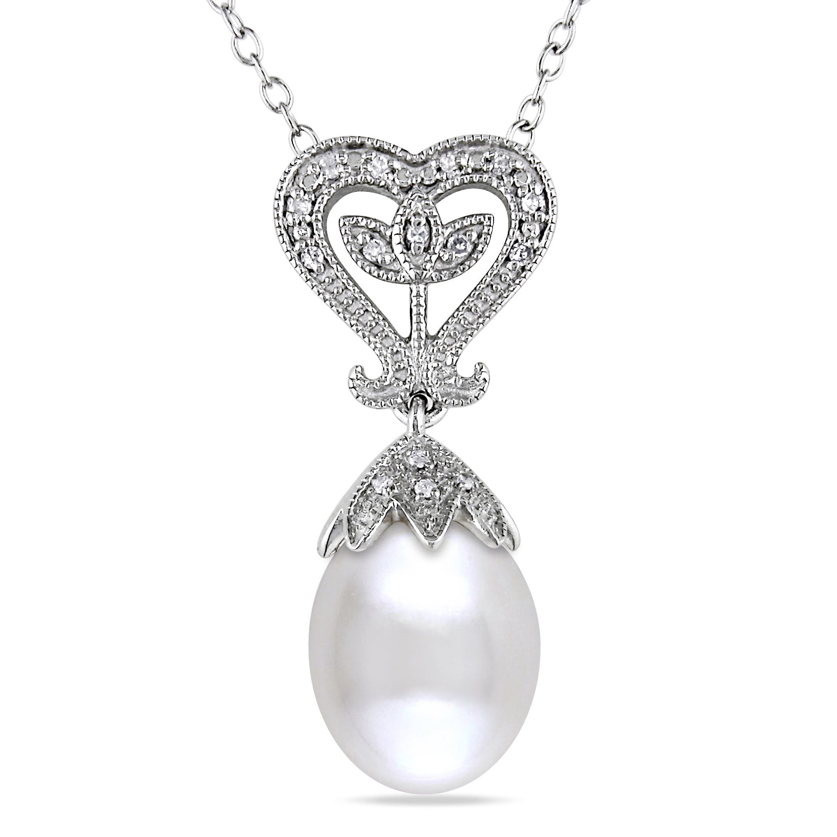 Cultured Freshwater Pearl and Cz Sterling Silver Pendant, 18