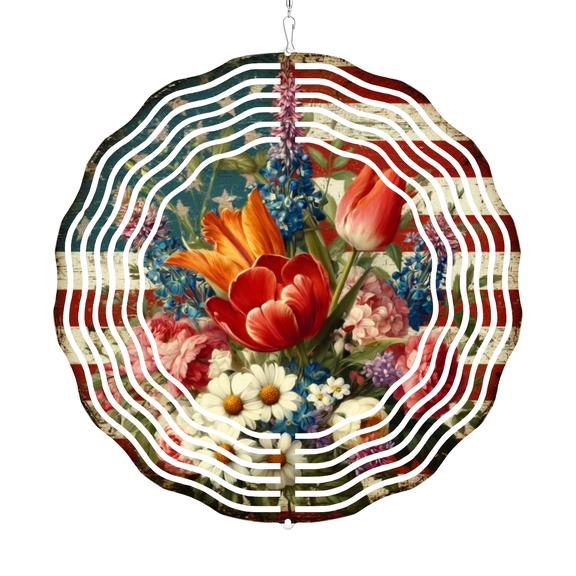 1010 Inch Hanging Wind Chime Rotating Pendants, American Flag Floral Wind Spinner for Outdoor Garden Patio Yard Decor, Patriotic Home Art Gift for Family Friends Mom, 4th of July Memori