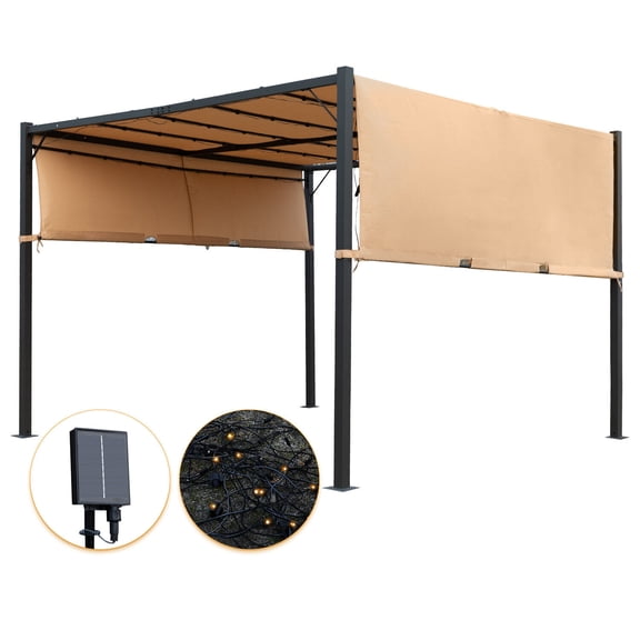 10*10 Metal Gazebo Canopy Tent with Sliding Adjustable Ceiling Pergola, Tan