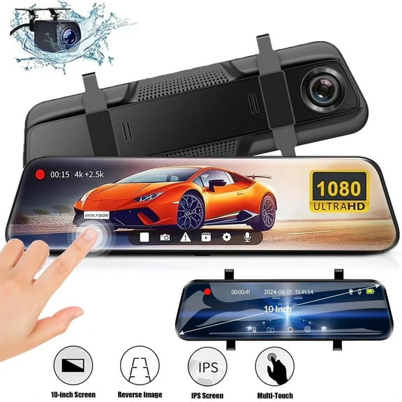 10" 1080P Mirror Dash Cam, Full Touch Screen Backup Camera Smart Rear View Mirror Camera with WiFi, GPS, G-Sensor, Front and Rear View Parking Monitor with APP Control, Night Vision