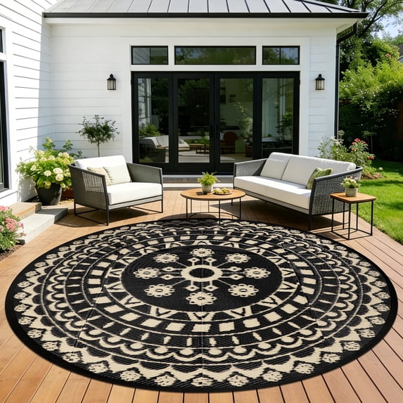 10*10ft Round Outdoor Rug Circle Large Outside Area Rug Boho Reversible Patio Rug Plactic Straw Rug for Patios,Deck,Picnic,Beach,Trailer,Camping,Black&Beige