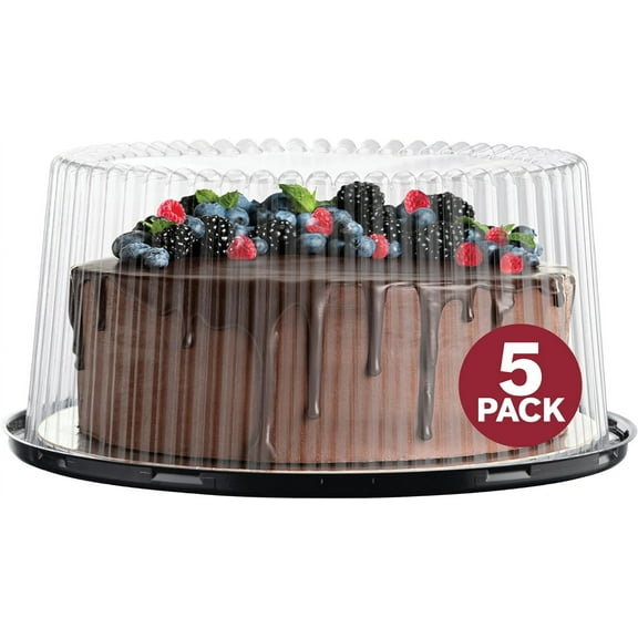 10 - 11" Plastic Disposable Cake Containers Carriers With Dome Lids And Boards [5 Pack] Server | Round Bundt Boxes / Cover 2-3 Layer Holder Display For Transport