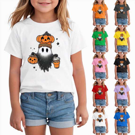 10-11 Years Girl Halloween Etiquette Bow Flower T Shirt Girls Halloween Spooky Season Fall Clothes