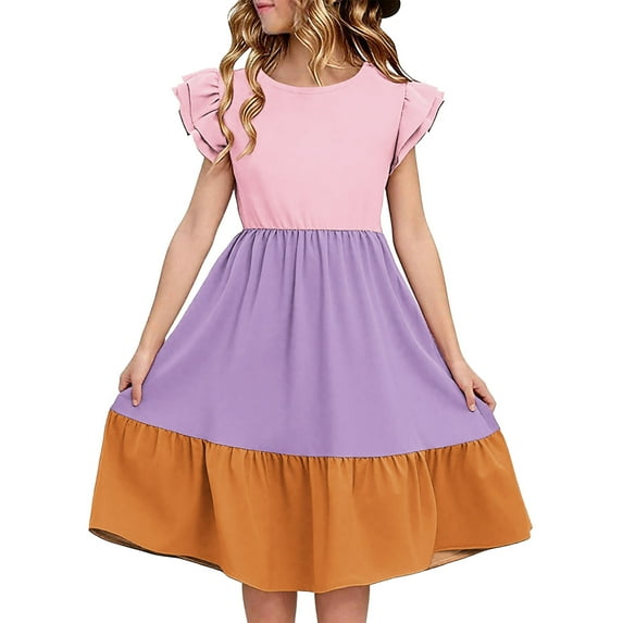 10-11 Years Girls' Short Sleeve Summer Dress, Midi Casual Classic Round Neck Loose Waist Pull On Dress