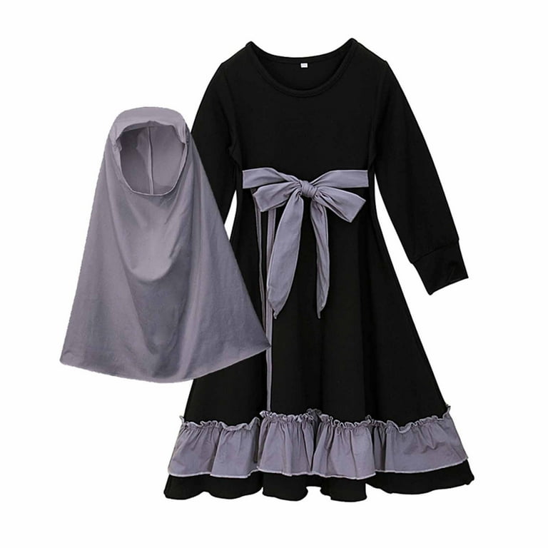 10 11 Years Little Girls Muslim Clothes Muslim Long Dress Girls Long sleeved Round Neck Patchwork Color Long Dress Headband Cover Two piece Set Black Walmart