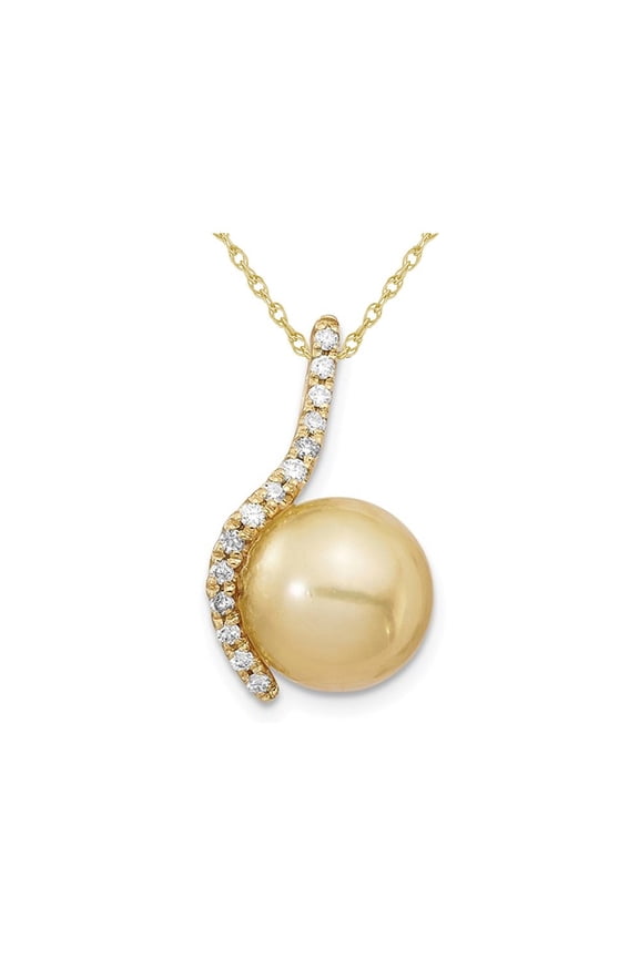 10-11mm Saltwater Cultured South-Sea Pearl Pendant Necklace in 14K Yellow Gold with Diamonds 1/8 Carat (Ctw) and Chain for Women