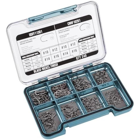 10# 12# 14# 16# Fly Tying Hooks Kit Assortment Micro Barbed High Carbon Steel Standard Dry Curved Nymph Scud Pupa Fly Fishing Hook 240Pcs with Waterproof Magnetic Hook Box$$