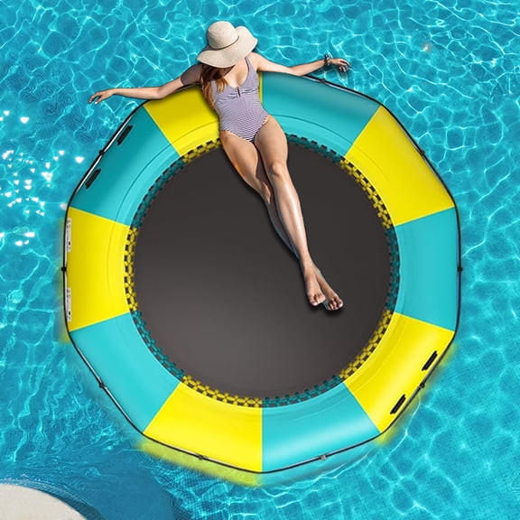 10/12/15 ft Inflatable Water Trampoline - Portable Pool/Lake Floating Trampoline with Inflatable and Rope Ladder Equipment, Swimming and Diving Platform, Thickened PVC Tear-Resistant (Yellow-10FT)