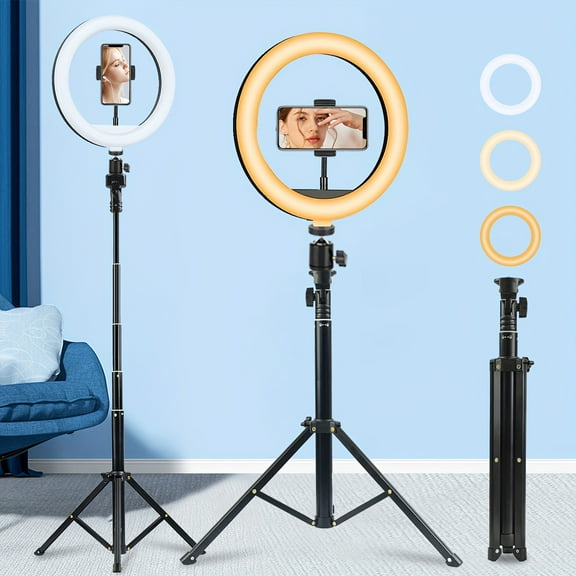 10/12'' Circular Selfie Ring Light, Desk Tripod And Phone Stand, Adjustable Height Ranging from 15 to 43 Inches, Dimmable LED Circular Light for Selfie Photography, Makeup, And Youtube