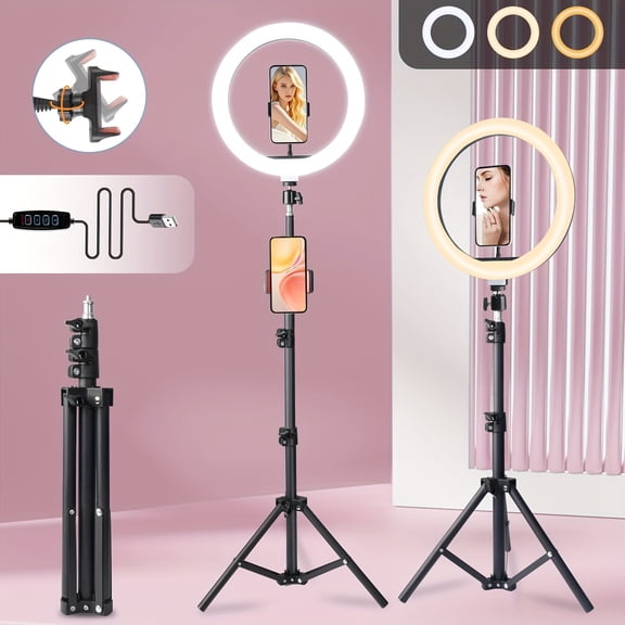 10/12'' Circular Selfie Ring Light, Desk Tripod And Phone Stand, Adjustable Height Ranging from 15 to 43 Inches, Dimmable LED Circular Light for Selfie Photography, Makeup, And Youtube