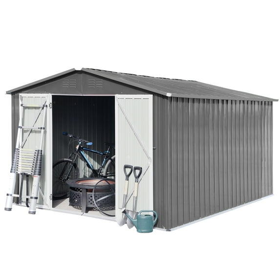 10x12 FT Outdoor Storage Shed, Metal garden sheds with Shutter Vents Floor, Tool House for Storing Bicycles, Lawnmowers, Barbeques, Grey