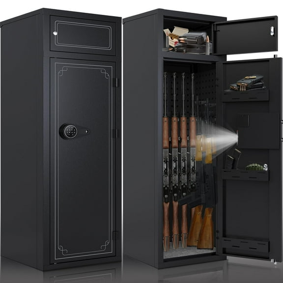 10-12 Gun Rifle Safe for Home Defense, Digital Lock Metal Cabinet with Emergency Battery Pack, Dual Layer Storage for Shotguns Pistols Valuables, Black