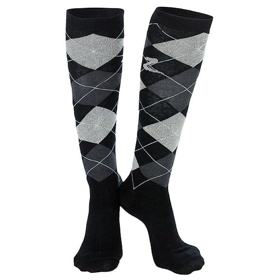 10-12 HORZE HOLLY ARGYLE FABRIC COTTON LADIES PAIR KNEE SOCKS BLACK