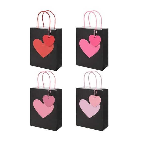 10/12 Pack Valentine Gift Bags with Tags 3 x 6 x 8.4 Inch Red Pink Heart Candy Goodie Favor Paper Bags with Handles for Valentine Wedding Children's Day