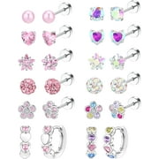 BAVSENIC 10/12 Pairs Hypoallergenic Flat Back Earrings for Women Small Surgical Steel Flatback Earrings Silver Huggie Hoop Earrings Cute Dangling Earrings Pink CZ Flat Back Stud Earrings Set for Sensitive Ears