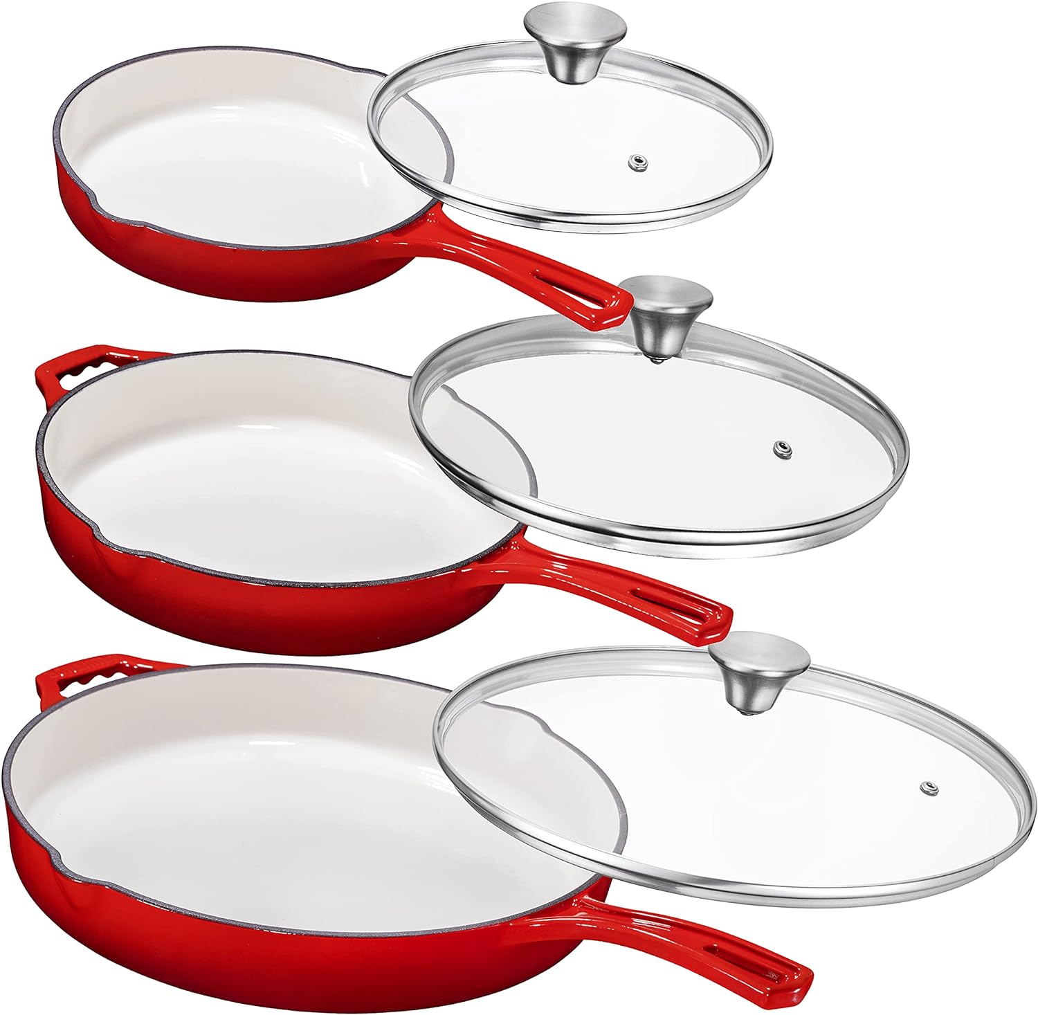 10”, 12” Red Enamel Cast Iron Grill /Frying Pan Set Of 3 With Tempered