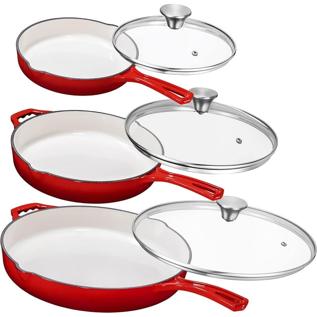 10”, 12” Red Enamel Cast Iron Grill /Frying Pan Set Of 3 With Tempered