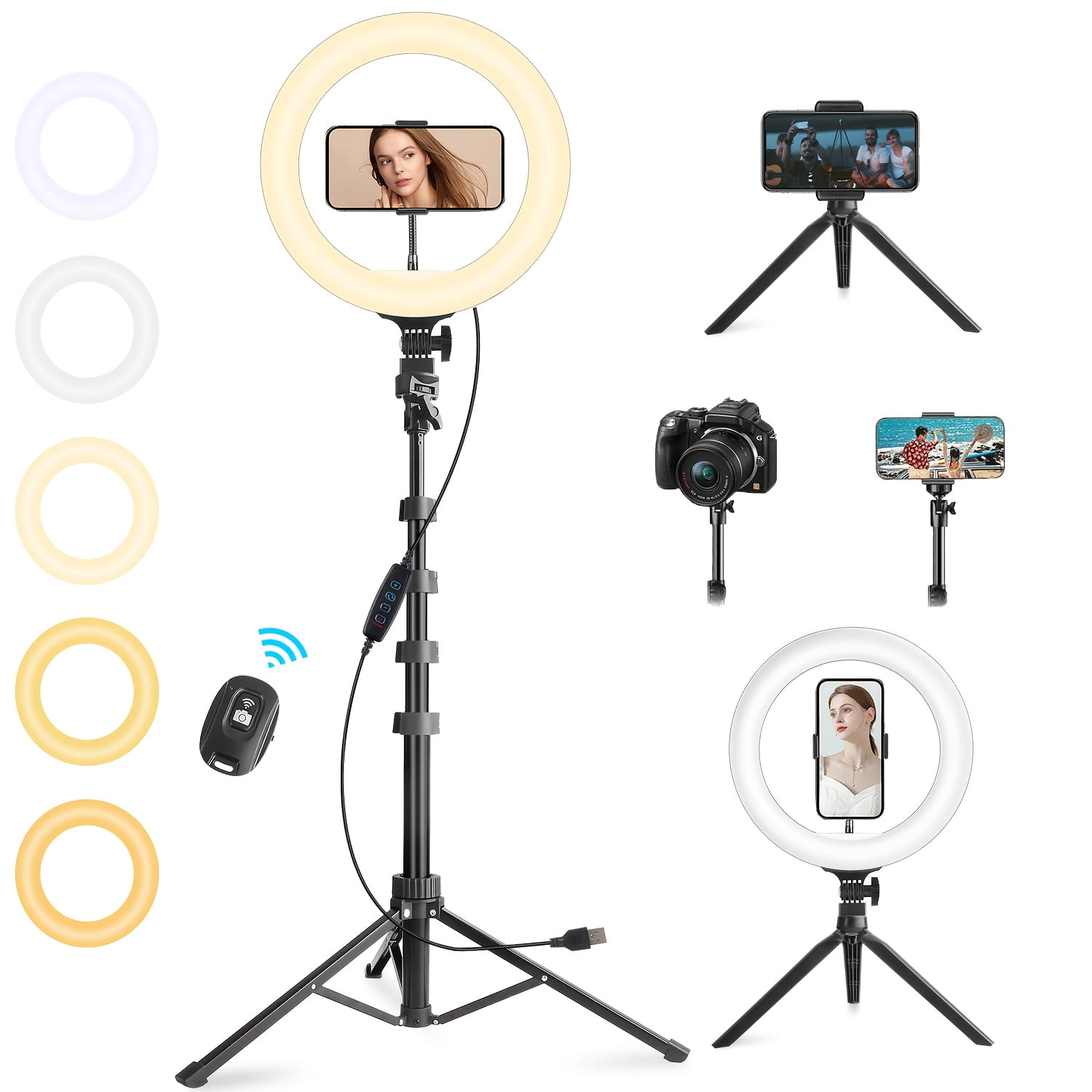 10/12" Selfie Ring Light with 63" Stand, Phone Holder, Remote, RGB LED Halo Light for Vlogging Video Photo Kit