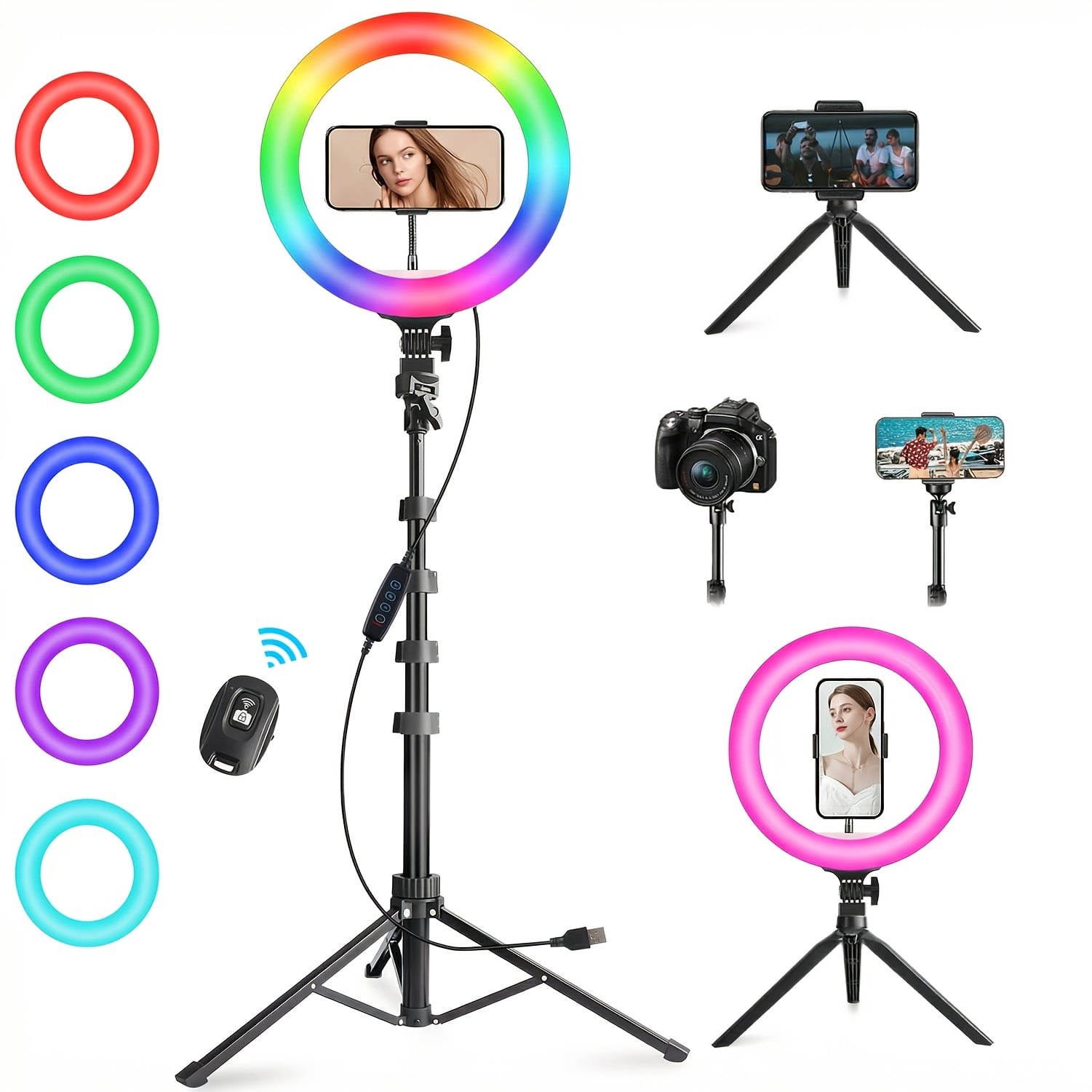 10/12" Selfie Ring Light with 63" Stand, Phone Holder, Remote, RGB LED Halo Light for Vlogging Video Photo Kit