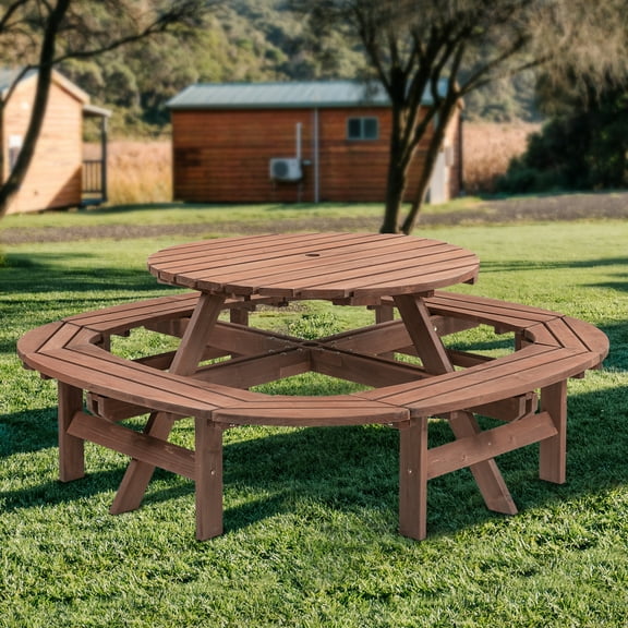 10-12-person Round Outdoor Wooden Picnic Table for Patio, Backyard, Garden, DIY with 1 Built-in Ring Stool, 500-lb Weight Capacity - Walnut Brown