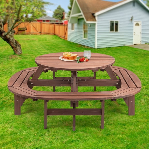 10-12-person Round Outdoor Wooden Picnic Table for Patio, Backyard, Garden, DIY with 1 Built-in Ring Stool, 500-lb Weight Capacity - Walnut Brown