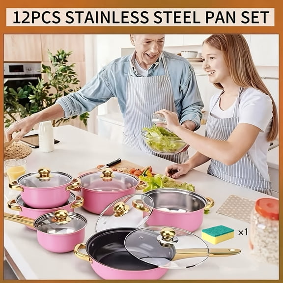 10/12PCS Stainless Steel Cookware Set with Lids, Soup Pot and Stockpot Set with Double Handles, Induction Compatible Kitchen Cookware for Soup, Pasta, Seafood and Daily Cooking
