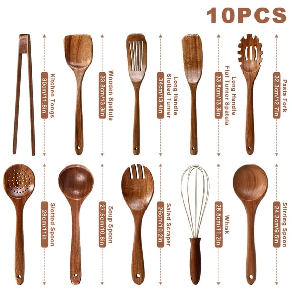 10/12pcs of Non-Stick Cookware Set with Wooden Kitchen Utensils, Heat Resistant Up to 450°F, Including Pans, Spatulas, And Slotted Wooden Spoons. A Stylish And Durable Wooden Utility Set for Cooking