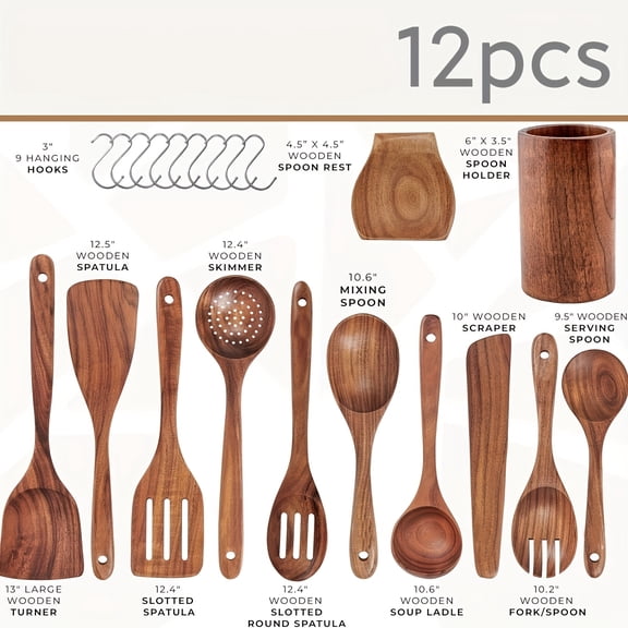 10/12pcs of Non-Stick Cookware Set with Wooden Kitchen Utensils, Heat Resistant Up to 450°F, Including Pans, Spatulas, And Slotted Wooden Spoons. A Stylish And Durable Wooden Utility Set for Cooking