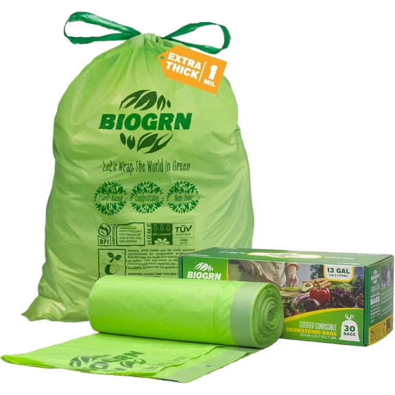 10-13 Gallon Compostable Trash Bags Drawstring 30 Bags Heavy Duty Extra Thick 1 Mil 49.21 Liter Biodegradable Trash Bags Compost Bags Green for Kitchen ASTM D6400 US BPI and OK Compost Home Certified
