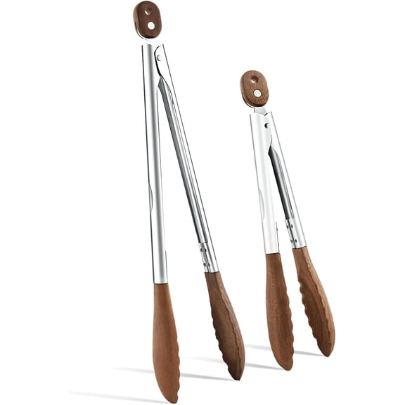 10 & 13 Inch Wooden Tongs for Cooking, Kitchen Stainless Steel Salad Tongs with Walnut Wood Tip, Serving Food Toaster Bread Non Toxic Grill Tong, Smooth Locking & Hanging Cooking Utensils Set