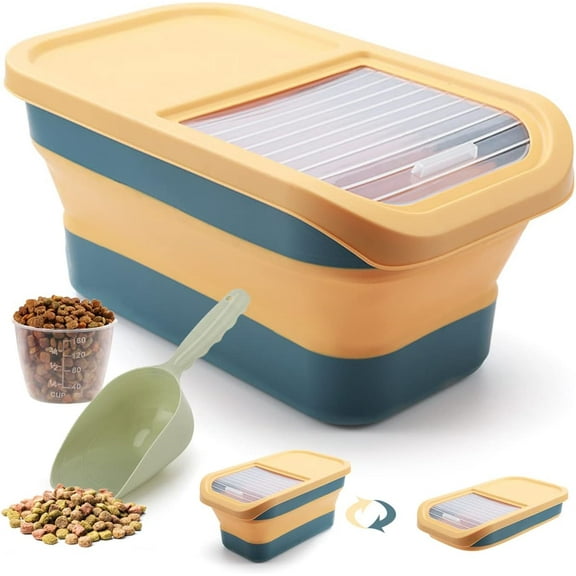 10-13 Lbs Dog Food Storage Container, Collapsible Pet Food Container with Sliding Lid, Sealed Cat Food Container with Scoop, Folded Kitchen Rice Storage Yellow Green