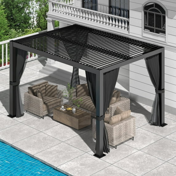 10' ×13' Outdoor Louvered Pergola, Aluminum Adjustable Roof Pergola for Deck, Patio with Gray Curtain, Black