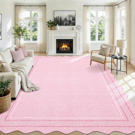 10*14FT Scalloped Large Rug 10x14 Area Rugs for Living Room Pink Playroom Rug Washable Non Slip Soft Bedroom Rugs Foldable Low Pile Stain Resistant Carpet for Nursery Dining Room Classroom, Pink Pink