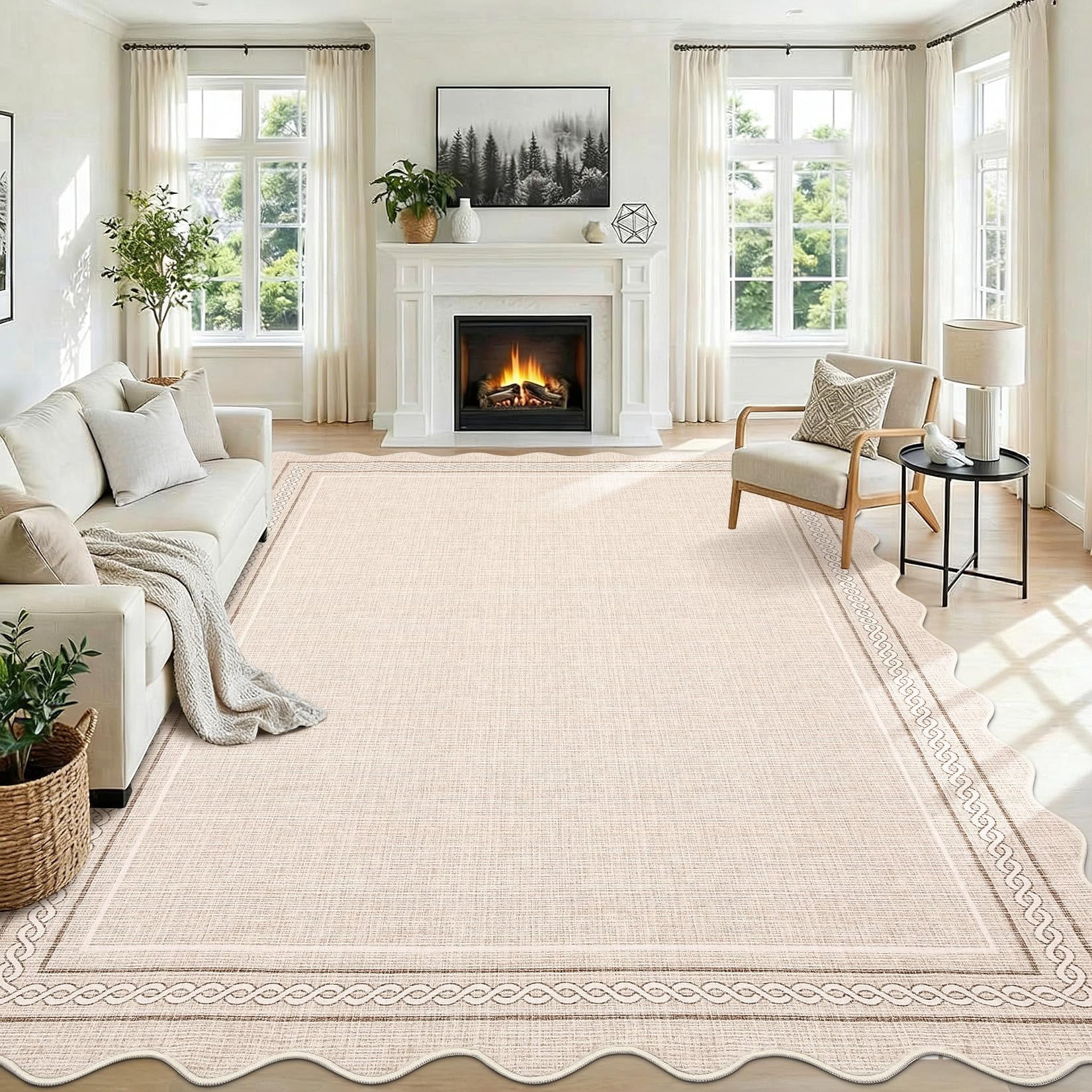 10*14FT Scalloped Large Washable 10x14 Area Rug for Living Room Beige Neutral Non Slip Soft Bedroom Rugs Large Low Pile Foldable tain Resistant Carpet for Nursery Dining Room Classroom, Beige Beige