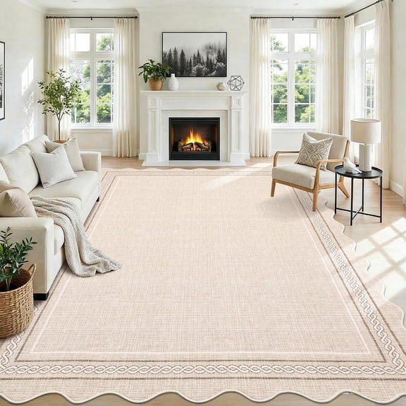 10*14FT Scalloped Large Washable 10x14 Area Rug for Living Room Beige Neutral Non Slip Soft Bedroom Rugs Large Low Pile Foldable tain Resistant Carpet for Nursery Dining Room Classroom, Beige Beige