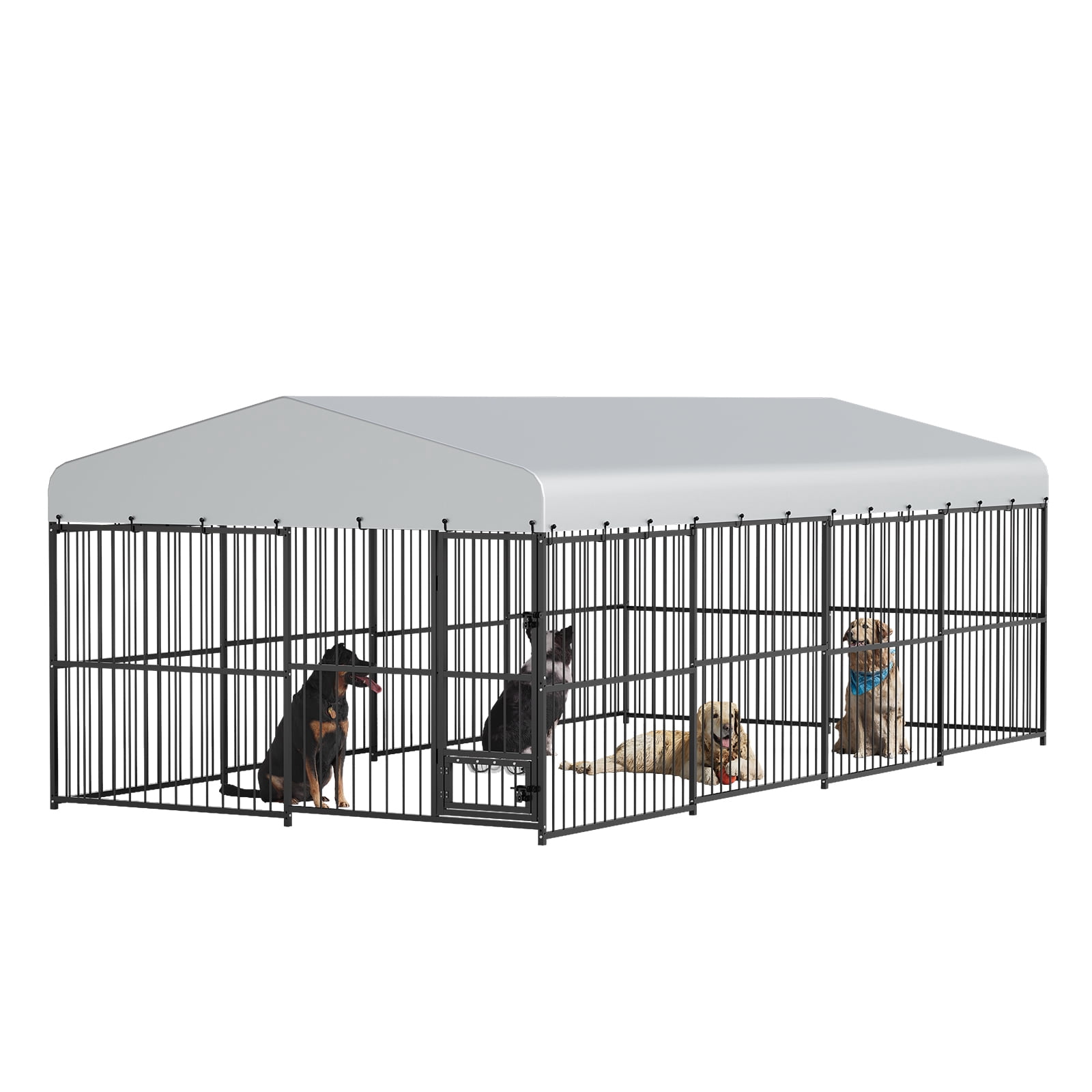 10×15FT,10×20FT Size Dog Kennel Outdoor with Roof, Heavy Duty Metal Large Outdoor Dog Kennel with Waterproof Cover, Feeding Doors & Lock, Outside Walk-in Dog Run for Backyard, Courtyard, Garden, Farm