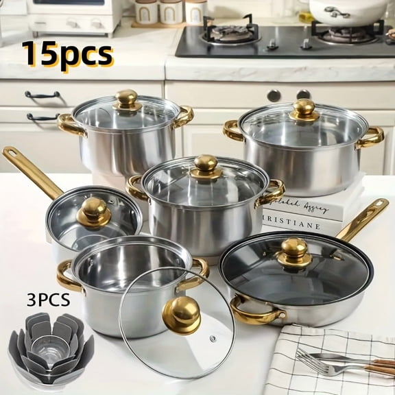 10/15pcs Stainless Steel Cookware Set Pots Pans with Lids Double Handles Home Restaurant Soup Hot Pot Noodles Pans All Stoves Compatible
