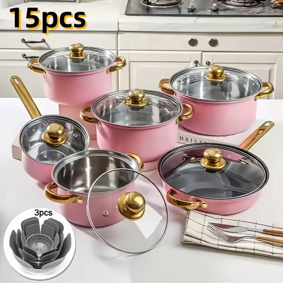 10/15pcs Stainless Steel Cookware Set Pots Pans with Lids Double Handles Home Restaurant Soup Hot Pot Noodles Pans All Stoves Compatible