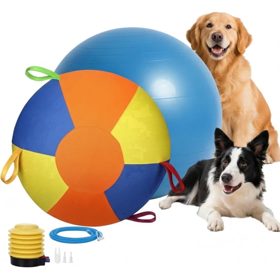 10/18/22 Inch Pet Interactive Training Play Ball for Dogs & Horses, Tear Resistant Inflatable Exercise Ball with Heavy Duty Handle Fabric Cover & Air Pump