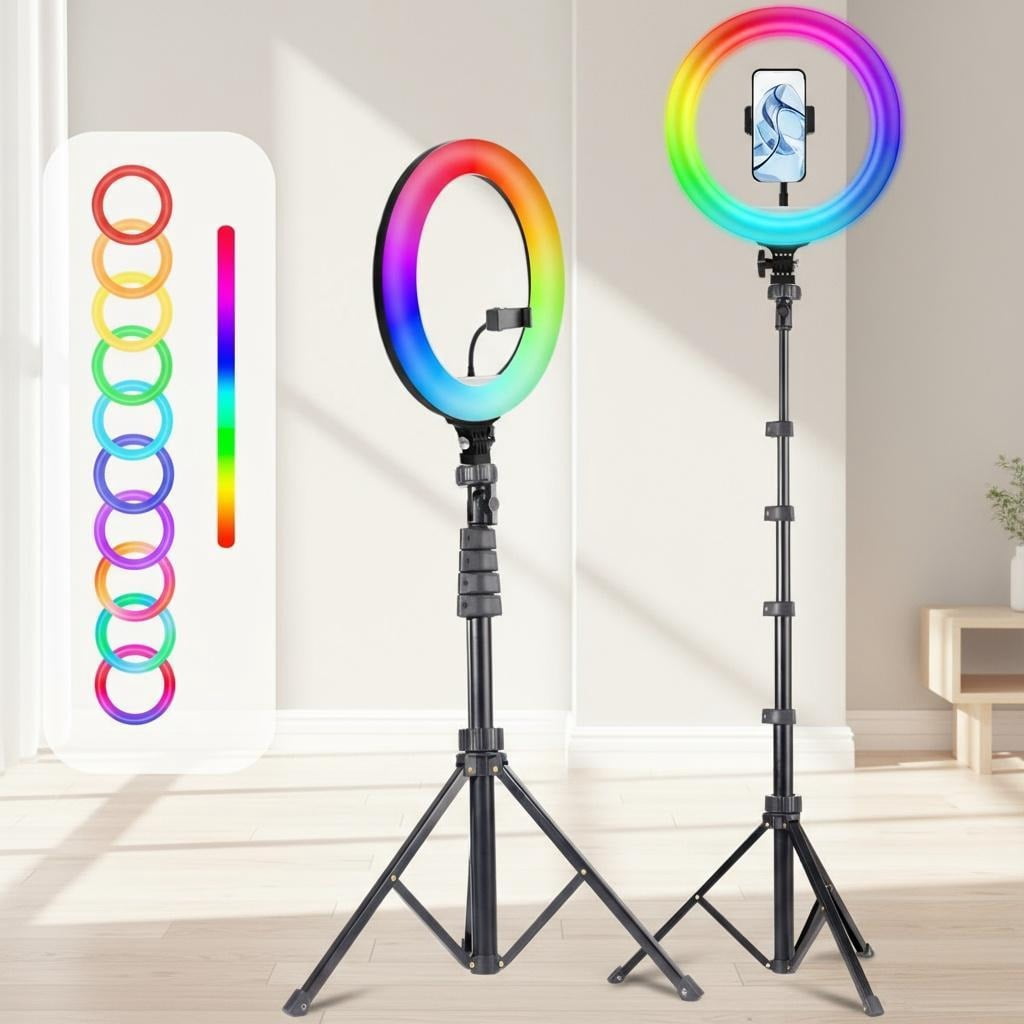 10"/190 cm Professional RGB Selfie Ring Light & Tripod Stand – Extendable 17-64" Height, 48 Dynamic Lighting Modes for Content Creators, Gamers, and Beauty Influencers (iPhone/Android)