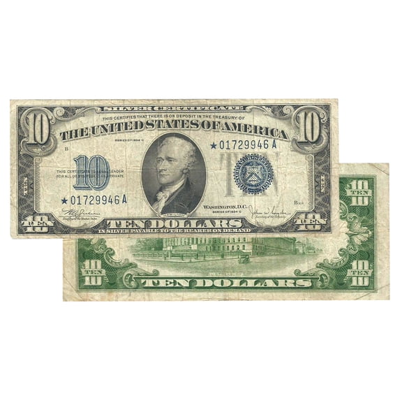$10 1934 Blue Seal Silver Certificate Star Note Fine Condition - Collectible Paper Currency