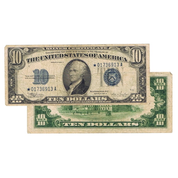 $10 1934 Blue Seal Silver Certificate Star Note - Rare Collectible Currency - Very Good Condition