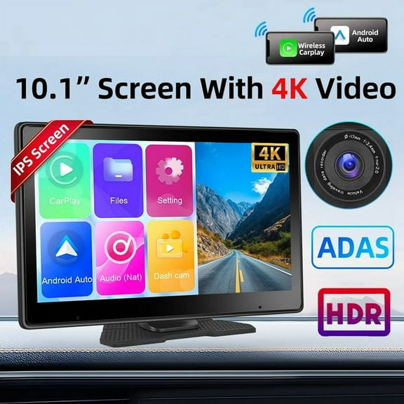 10.1Inch Touch Screen Wireless Carplay & Android Auto Portable Car Multimedia Player 4K DVR Dash Cam, Without Camera